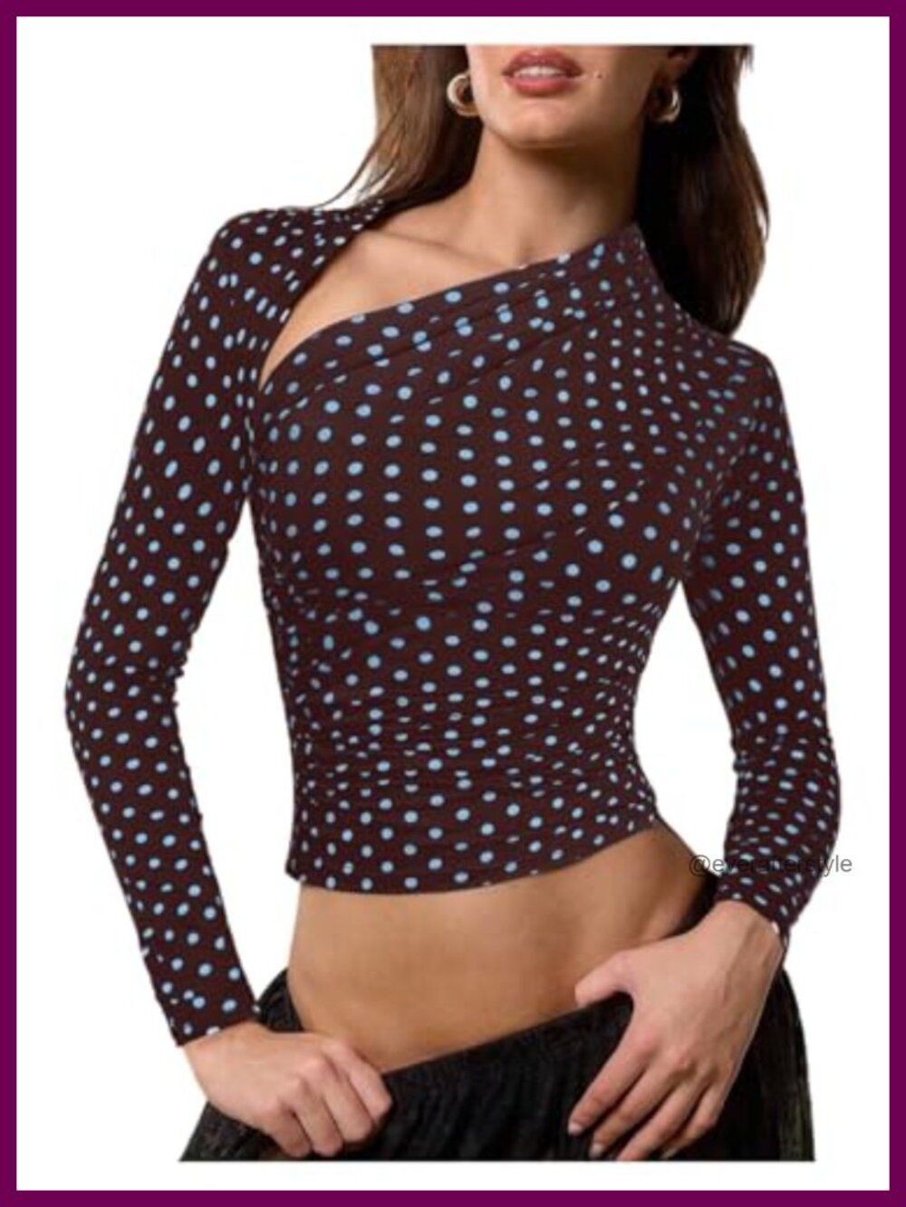 Polka Dots Asymmetrical Long Sleeve Ruched Slim Fit Top